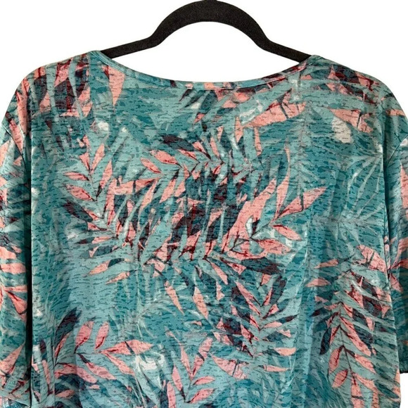 Erika Tropical Plus Size 3X Blouse Keyhole Studded Embellished Blue Pink Leaves - Picture 6 of 7